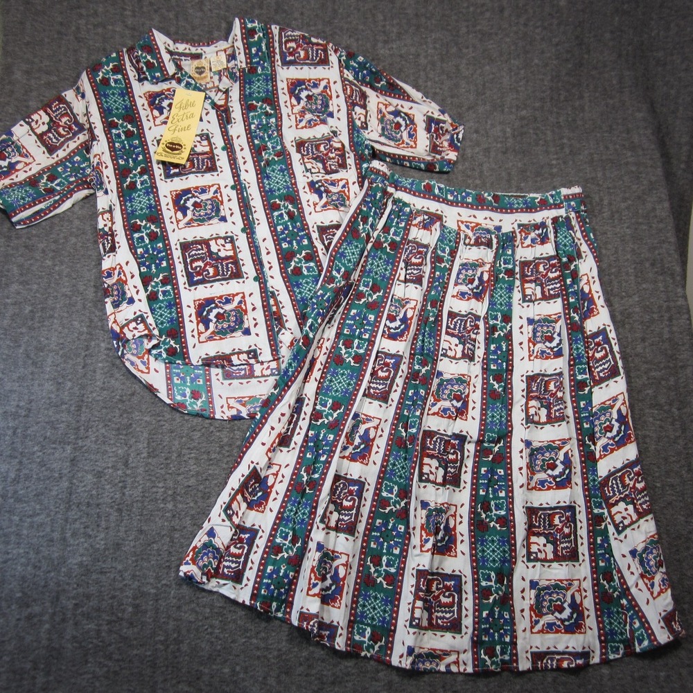 Vtg Vis A Vis Skirt Top Set Women‎ M Teal Red Geometric Artsy Boho Aztec 90s NEW